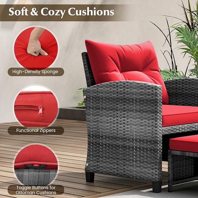 KOTEK 5 Pieces Patio Furniture Set with Ottomans, Wicker Patio Conversation Set with Coffee Table & Cushions, PE Rattan Outdoor Lounge Chairs for Backyard, Porch, Poolside (Mix Grey- Red)