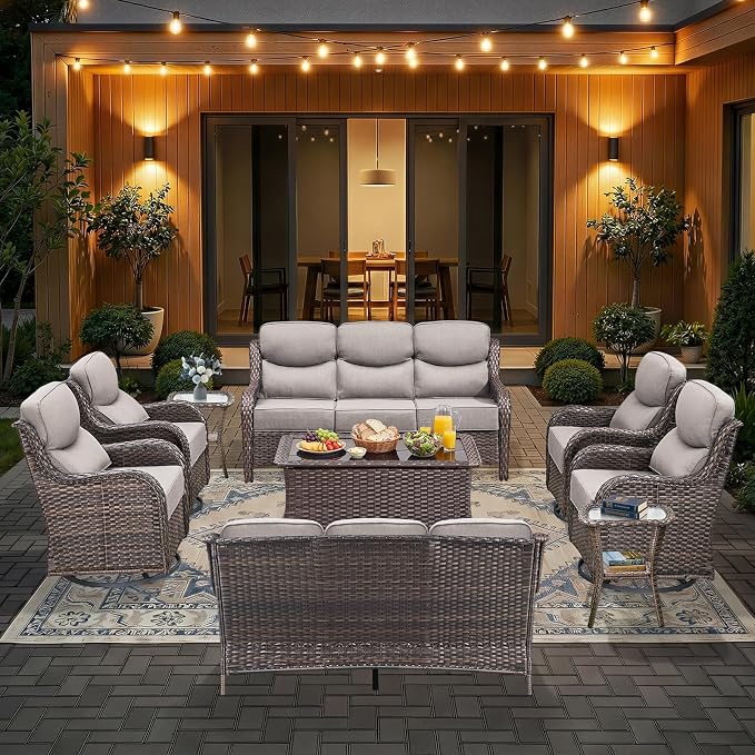 HUMMUH 9 Pieces Wicker Outdoor Furniture Set 6-inch Cushions High Back Patio Sofa Swivel Rocker Chairs Set of 2 with Coffee Table for Porch,Deck,Backyard