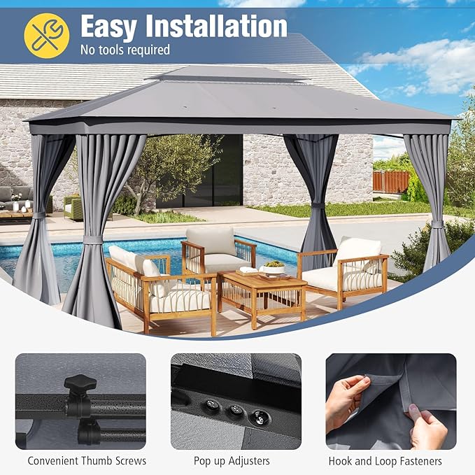 LAUSAINT HOME Patio Gazebo 10'x13', with 50ft Lights Outdoor Heavy Duty Party Tent Shelter with Double Roofs, Mosquito Nettings and Privacy Screens for Backyard, Garden, Lawn, Gray
