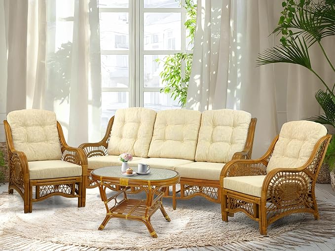 Malibu Lounge Set of 4: 2 Natural Rattan Wicker Chairs, Three-Seater Sofa with Cushions, and Coffee Table with Glass Handmade, Colonial Color