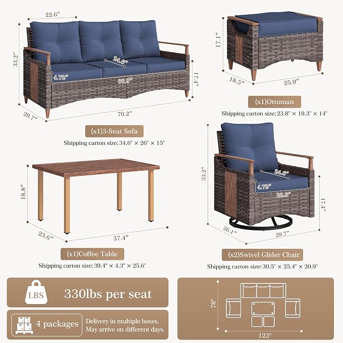 NestNook 6 Pieces Patio Furniture Set, Outdoor All-Weather Handwoven PE Wicker Swivel Chairs, Conversation Set with Coffee Table, Sofa with Thick Cushion & Ottoman for Backyard, Deck & Poolside, Blue