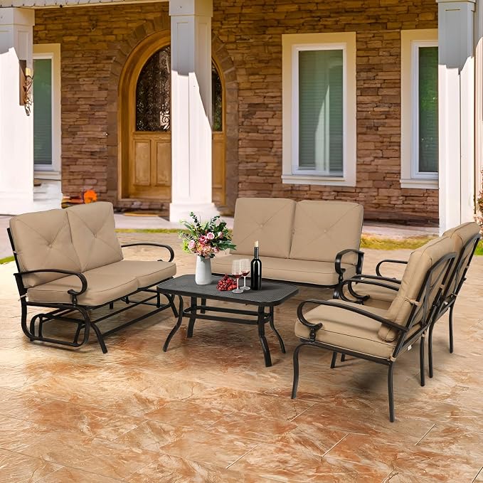 Oakcloud 5-Piece Outdoor Metal Furniture Sets Patio Conversation Set Wrought Iron Glider, 2 Single Chairs, Loveseat and Coffee Table, Brown