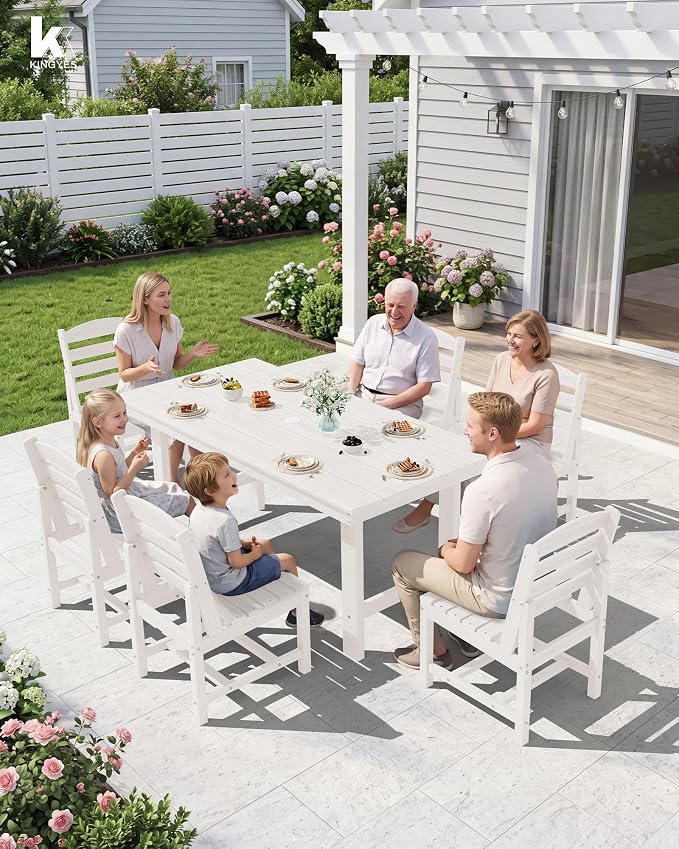 KINGYES 6-Piece Patio Dining Set, HDPE Table, Bench and Armless Chairs Outdoor Furniture Set with Umbrella Hole, White