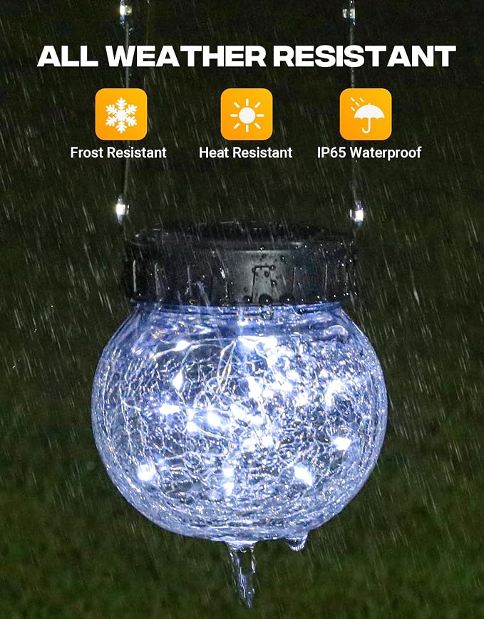 Solar Lights Outdoor Waterproof 12-Pack, Solar Powered Hanging Lantern Cracked Glass Hanging Globes for Yard Decor Christmas Decoration, Shepherd Hook, Garden Tree Ornaments, Cold White