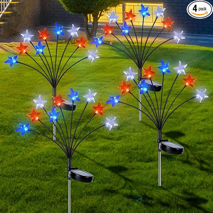 Lewondr 4th of July Decorations Solar Garden Lights, Fourth of July Red White and Blue Star Solar Lights Outdoor, Waterproof Patriotic Decor with 9 LED 2 Lighting Modes for Independence Day, 4 Pack