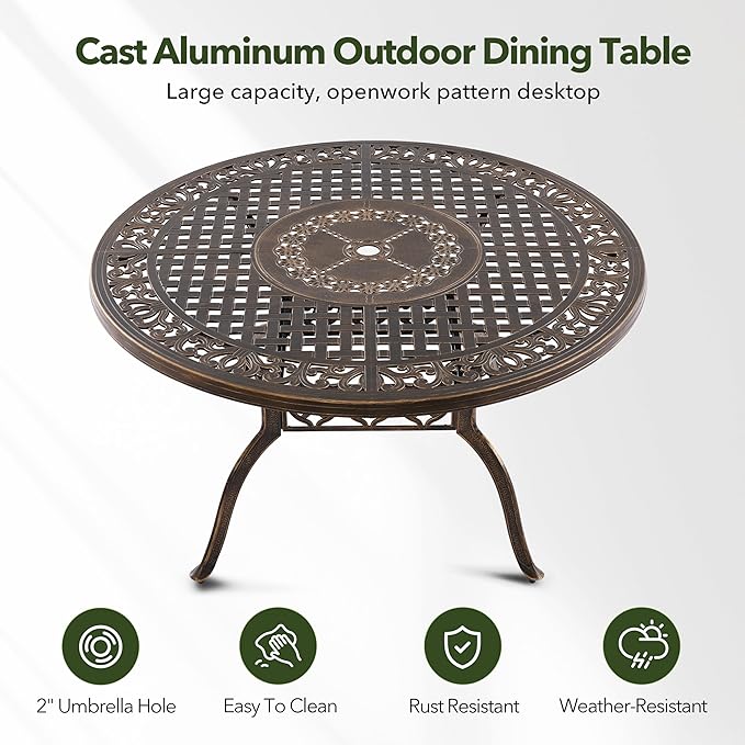 5-Piece Cast Aluminum Outdoor Table and Chairs, Classic Vintage Patio Dining Set for 4 Include 54.5" Round Dining Table and 4 Chairs with Removable Cushion and Umbrella Hole