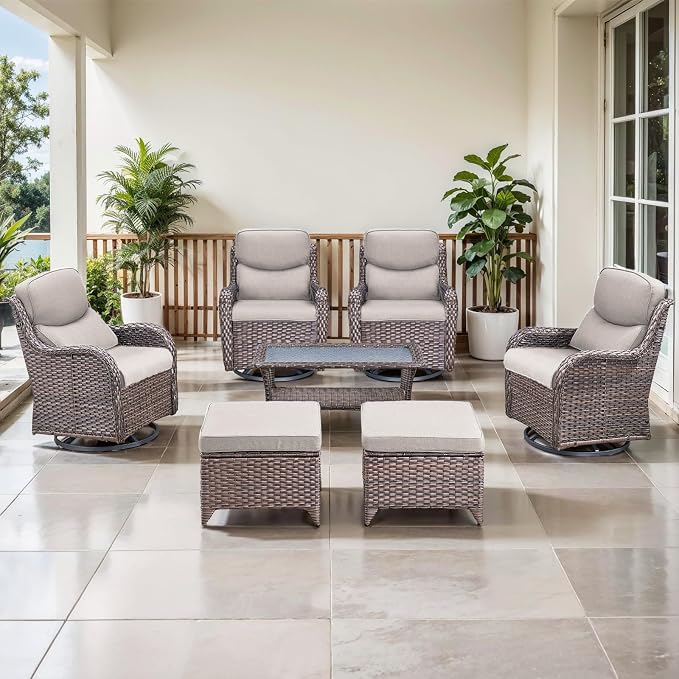 Outdoor Swivel Rocker Patio Chairs Set of 4 with Coffee Table - 5" Thick Cushion 7 Piece Furniture Set All Weather Comfortable Wicker Conversation Set for Porch Deck - Brown/Beige