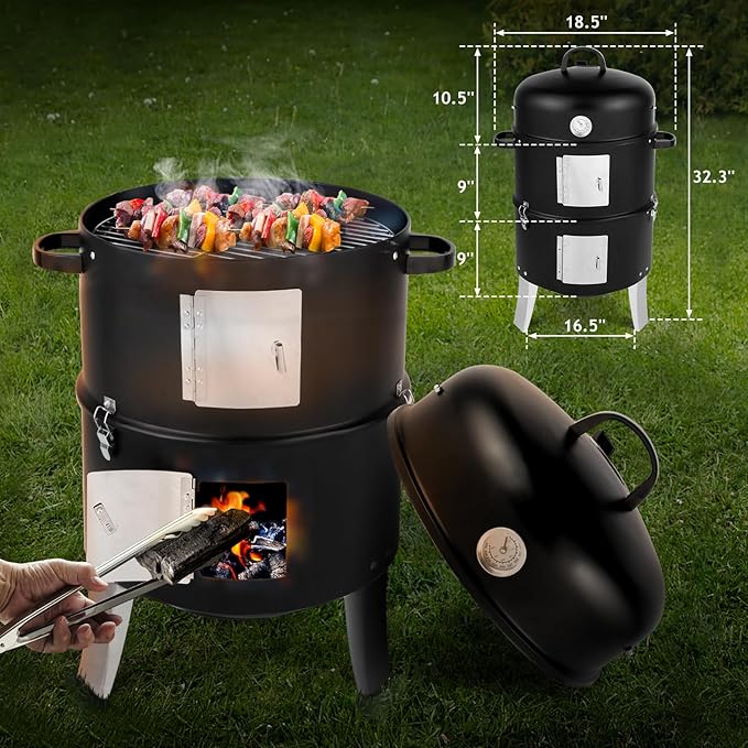 LEADZM 3-in-1 Vertical Charcoal Grill, Outdoor BBQ Charcoal Smoker with Built-in Thermometer, Air Vent, and 2 Access Doors, Perfect for Camping, Picnics, Backyard BBQs, and Tailgating Parties