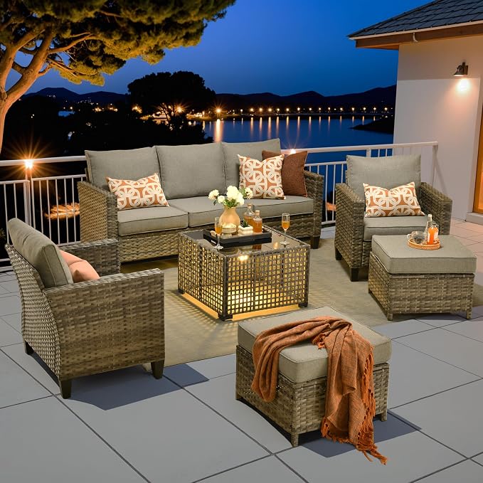 6 Piece Wicker Patio Furniture Set with Solar Table, Dark Gray | Outdoor Deep Seating Sofa Chair Ottoman, Solar Lights Table, All Weather Rattan, Modern Conversation Set, Porch Deck Backyard