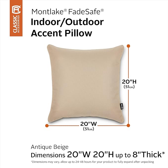 Classic Accessories Montlake FadeSafe Indoor/Outdoor Accent Pillows, 20 x 20 x 8 Inch, 2 Pack, Antique Beige