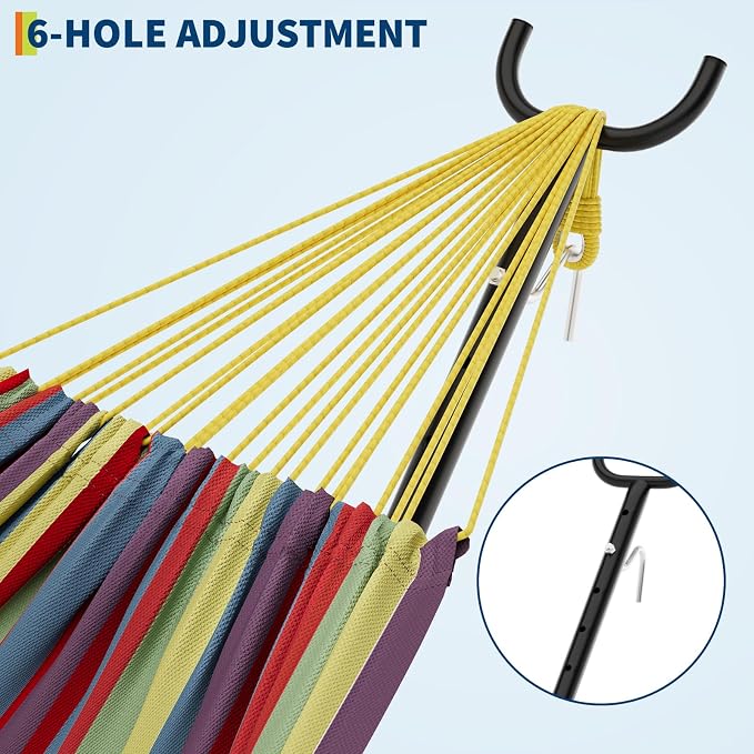Double Hammock with Space-Saving Steel Stand - 2 Person Portable Heavy Duty Hammock with Carrying Bag for Outdoors & Indoors, Easy Assembly, 350 lbs Capacity, Yellow Rainbow Stripes