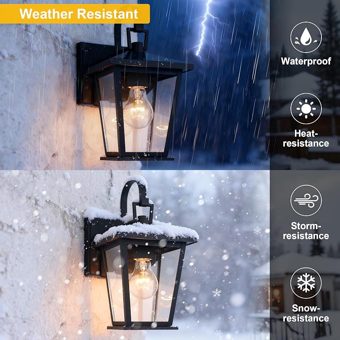 Outdoor Light Fixtures Wall Mount, Waterproof Exterior Wall Lanterns with Glass, Matte Black, Outside Wall Sconces, Front Porch Lighting for House Garage Doorway Patio 12.5 in