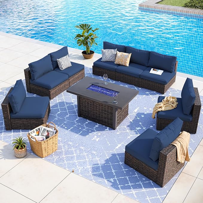 9 Piece Patio Furniture Set with 42" Fire Pit Table, Outdoor Wicker Rattan Sectional Sofa Set, Patio Conversation Set with Thickened Cushions, Blue