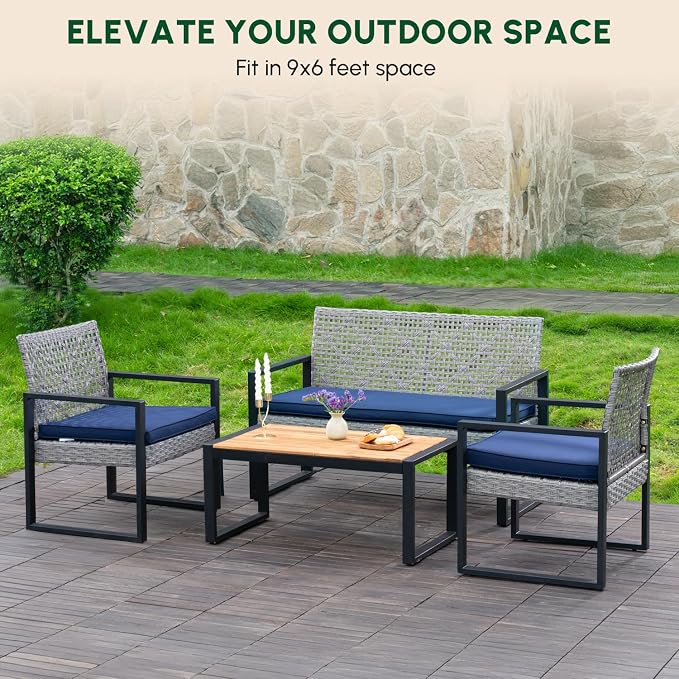 BEEFURNI Wicker Patio Furniture Outdoor Conversation Set of 4, Rattan Outdoor Furniture Set, Acacia Wood Table, 2 Chairs, 1 Loveseat, 2” Cushions, All Weather Set for Patio, Porch, Balcony (Gray)