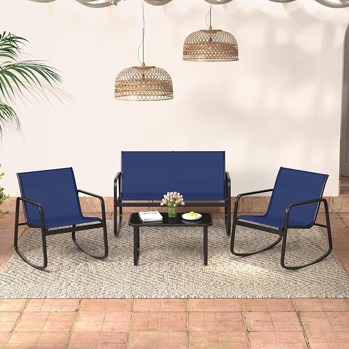 HAPPYGRILL 4 Pieces Patio Rocking Furniture Set with Loveseat, 2 Rocking Chairs & Glass-Top Coffee Table, Outdoor Porch Rocker Chair Conversation Set for Balcony, Poolside, Garden, Backyard (Navy)