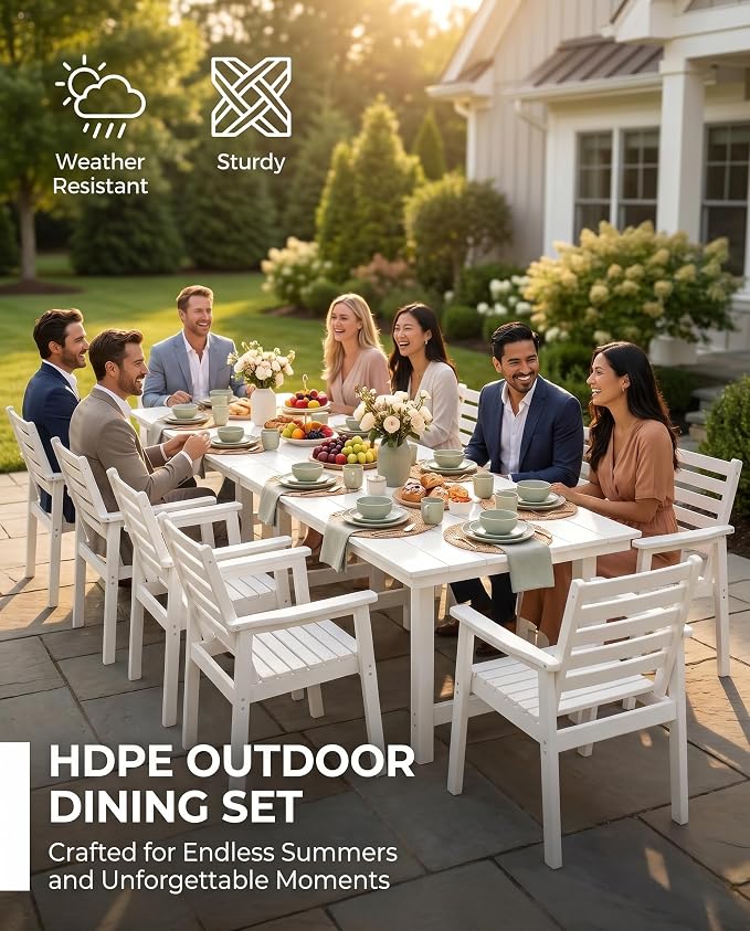 12 Piece HDPE Outdoor Dining Set for 10, Patio Dining Furniture Set with 2” Umbrella Hole, Weather Resistant Outdoor Table and Chairs for Garden, Poolside, Backyard, Deck