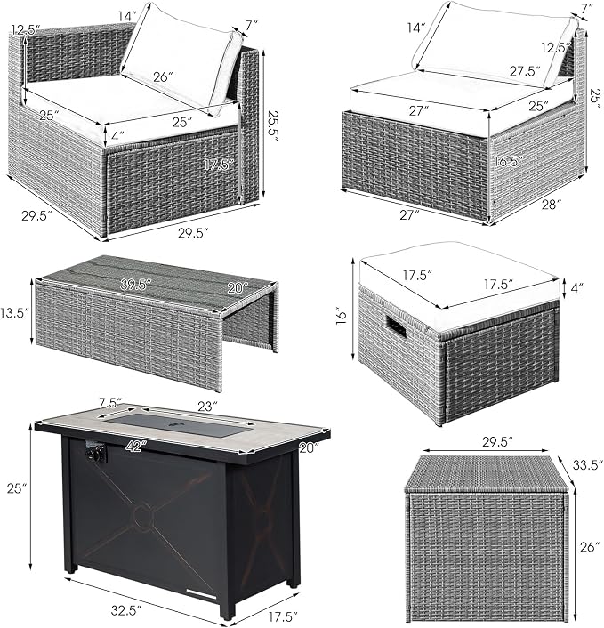 Tangkula 9 PCS Patio Furniture Set with 42” 60,000 BTU Fire Pit, Outdoor Space-Saving Sectional Sofa Set with Storage Box, Waterproof Covers Included