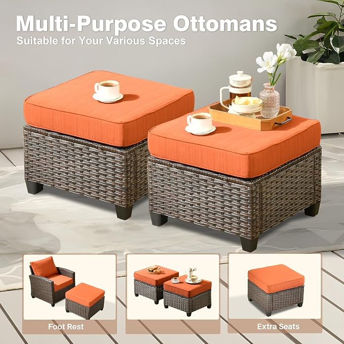 ovios 7 Pieces Patio Furniture Set, Outdoor Wicker Sofa Couch with 4 Chairs Comfy Cushions, All Weather Brown Rattan Conversation Set for Backyard Deck Porch, Orange Red