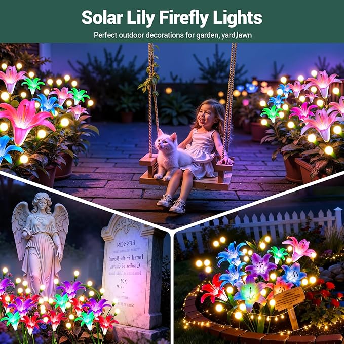 WdtPro Upgraded Solar Lights Outdoor Garden Decor: 4 Pack Solar Firefly Swaying Light with Color Changing LED Lily, Waterproof Decorative Flowers for Yard Patio Pathway Lawn, Gardening Gifts for Women