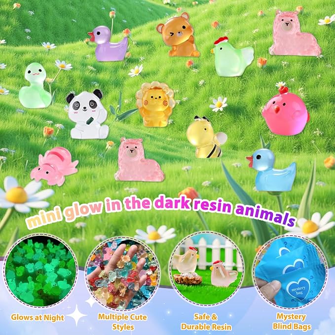 100 Pcs Blind Bags Mystery Resin Animals: Mini Glow in The Dark Resin Animals Mystery Bags for Fairy Garden Dollhouse Décor Collectible Craft Mini Figures