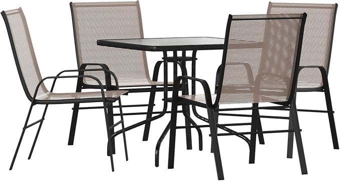 Flash Furniture Brazos 5 Piece Outdoor Patio Dining Set - 4 Brown Flex Comfort Stack Chairs - 31.5" Square Tempered Glass Patio Table