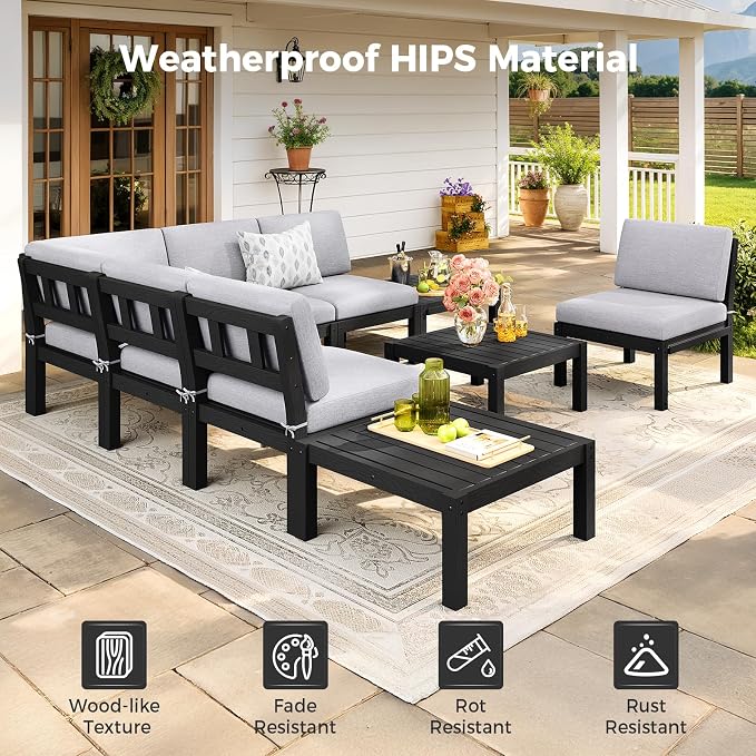 Modular Outdoor Patio Furniture Coffee Table, HIPS All-Weather Outdoor Sectional Sofa Table, Side Interlock for Expansion, Patio Side Table for Backyard, Balcony, Deck (Black)