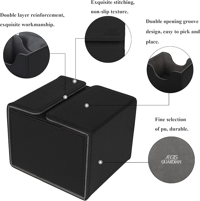 AEGIS GUARDIAN Card Deck Box with Dice Tray for MTG Cards, Commander Deck Box fit 150+ Sleeved Cards, PU Leather Card Storage Box Strong Magnet Deck Game Case for TCG CCG, Black