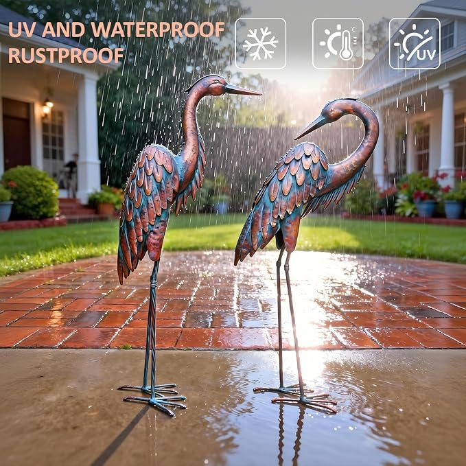Kircust Outdoor Metal Heron Statues, Crane Sculptures for Garden Yard | Bronze 27.56" Tall, Set of 2 Heron Sculptures, Weatherproof, Patio Decor, Art