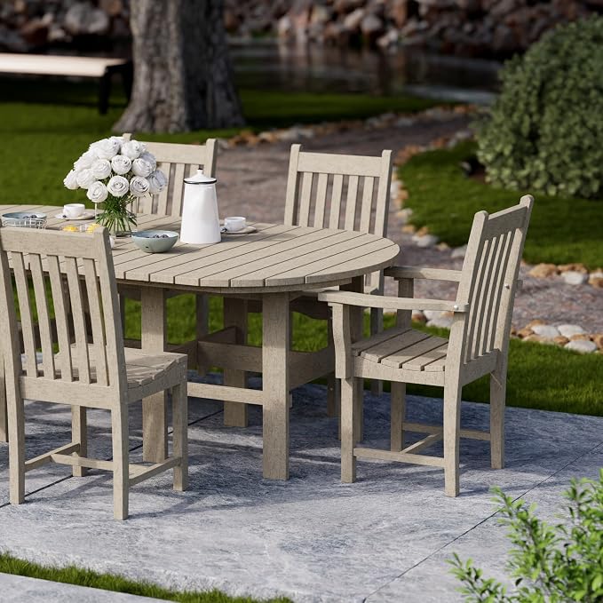 Wildridge Classic 7-Piece 44"x84" Dining Set, Weathered Wood - Outdoor Weather Resistant Recycled Plastic Furniture for Patio