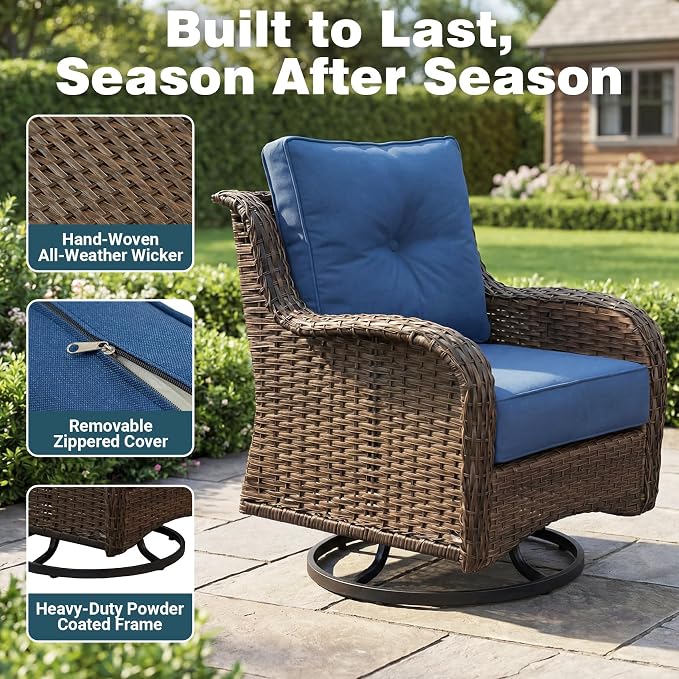 Patio Furniture Set, 8PCS Outdoor Wicker Conversation Set with 6" Thick Cushions, High Back Rattan Sofa & Swivel Rocker Chairs, Weather Resistant Olefin Fabric for Garden, Poolside, Navy Blue