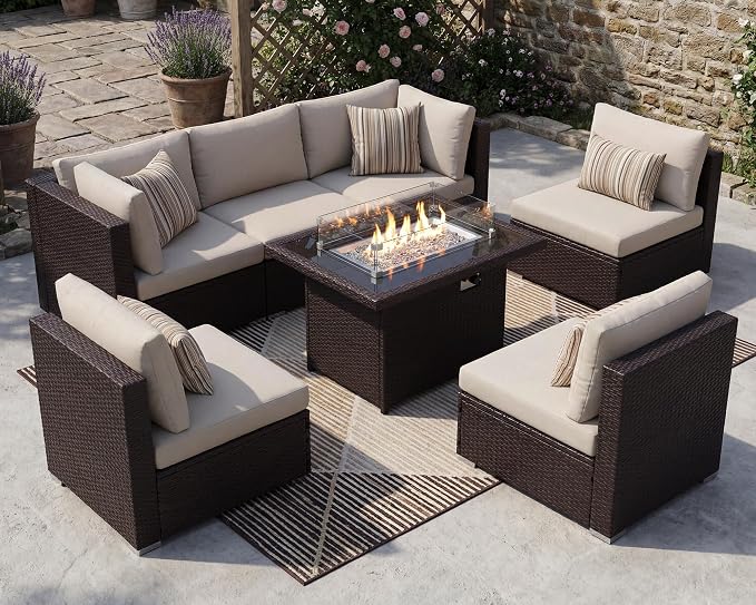 NICESOUL 7 Piece Outdoor Patio Furniture Set with Fire Pit Table Natural Gas & Propane Convertible, 29.3'' High Backrest Deep Wide Seating Conversation Sets, Wicker Sectional Couches, Brown & Beige