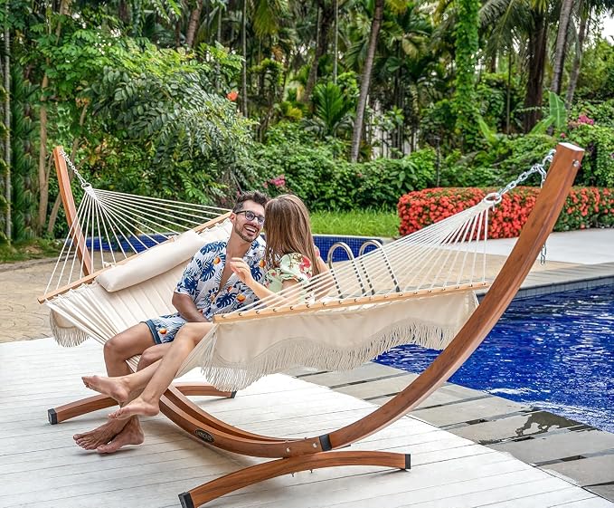 Lazy Daze Hammocks 13.5 Ft Arc Heavy Duty Steel Hammock Stand with Chains, 2 Person Weather-Resistant Curved Stand for Outside, Backyard, Patio, 500 Lbs Capacity, Wood Grain