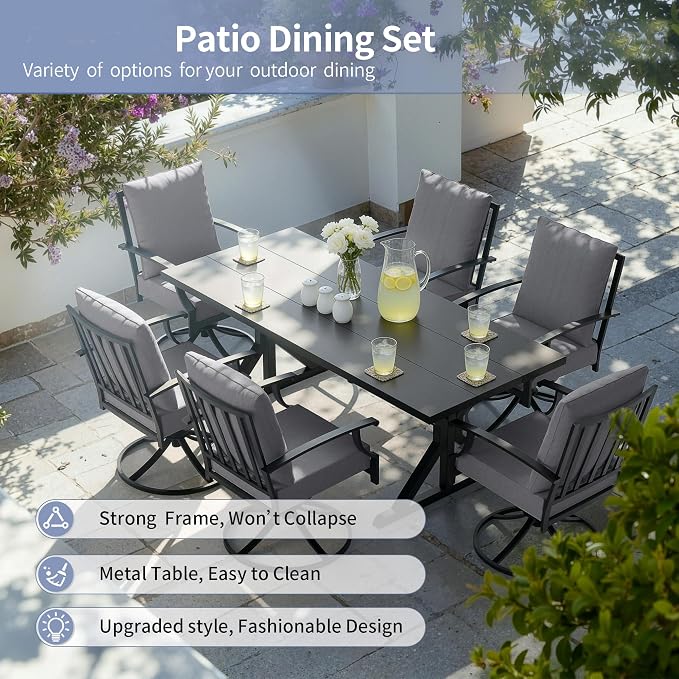 Kullavik 7 Pieces Outdoor Dining Set,Patio Dining Table and Chairs Set for 6,Fence Pattern Back Swivel Chairs with Thickened Cushions & X-Frame Metal Dining Table with Umbrella Hole for Patio,Grey