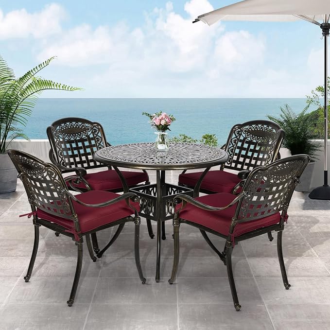 VIVIJASON 5-Piece Patio Furniture Dining Set, All-Weather Cast Aluminum Outdoor Conversation Set, Include 4 Cushioned Chairs and a 35.4" Round Table w/Umbrella Hole for Balcony, Garden, Red Cushion