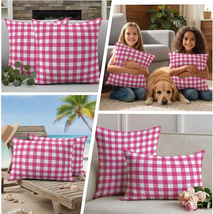Hot Pink Checks Outdoor Pillow Covers 26"x26" Set of 2, Gingham Plaid Abstract Modern Minimalist Waterproof Throw Pillow Covers for Patio Furniture, Decorative Cushion Covers for Porch