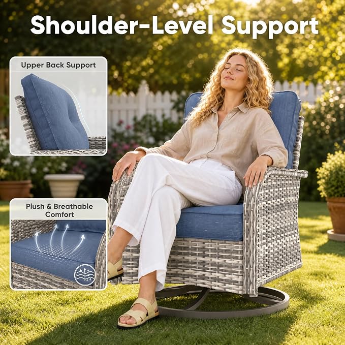 3-Piece Small Patio Furniture Set, Outdoor Swivel Rocking Chairs Set with Wicker Chairs and Tempered Glass Side Table, Outdoor Furniture Patio Bistro Set for Balcony, Deck, Porch