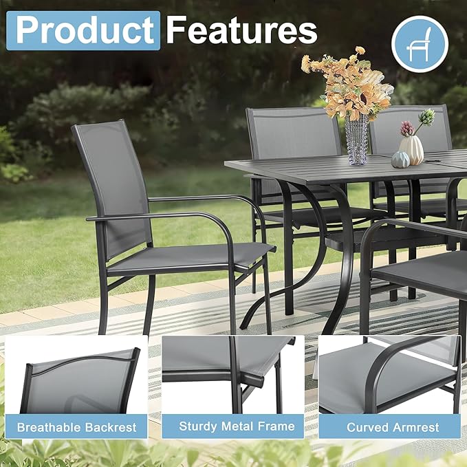 Crownland 7-Piece Outdoor Dining Set, Patio Textilene Dining Sets, 6 Metal Textilene Chairs and Rectangular Outdoor Dining Table with 1.57" Umbrella Hole(Grey)