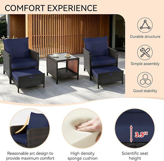 5 Pieces Patio Furniture Set, Rattan Outdoor Lounge Chairs with Soft Cushions,Outdoor Wicker Patio Conversation Set with Hidden Ottoman and Coffee Table for Porch, Garden, Backyard (Dark Blue)