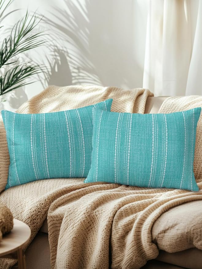 Waterproof Outdoor Pillow Set of 2 Aqua Linen Stripes Decorative Throw Pillows Cover & Insert 20x12 Inch Lumbar Pillowcase Parallel Vertical Lines Pillows for Couch Sofa Bed Patio Furniture