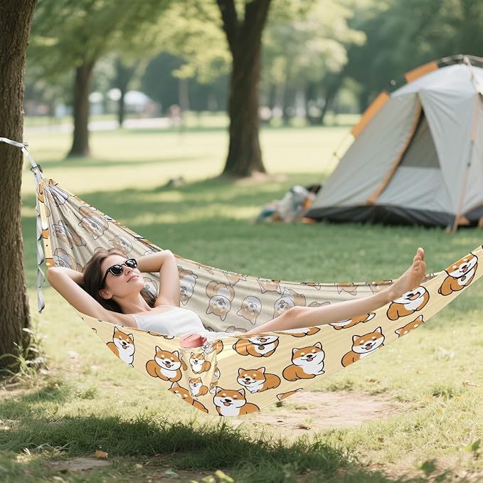 Camping Hammock Outdoor Hammocks for Outside Cute Corgi Beach Trees Portable Lightweight with Pockets Tree Straps Indoor