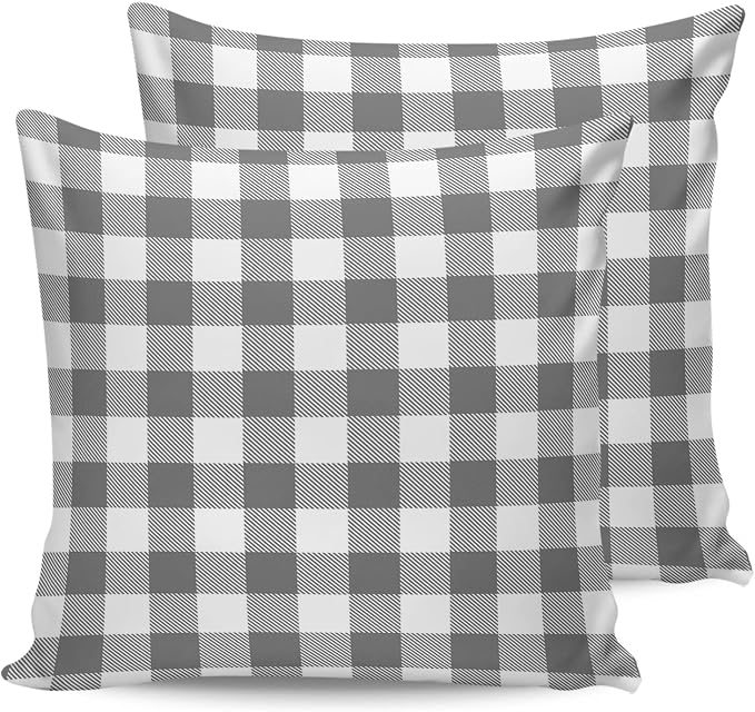 Outdoor Waterproof Throw Pillow Covers Set of 2 Gray Buffalo Check Plaid Pillowcases 18x18 Inches Farmhouse Style Patio Decorative Pillows Cushion Case Patio Pillows for Couch Bed Chair Garden