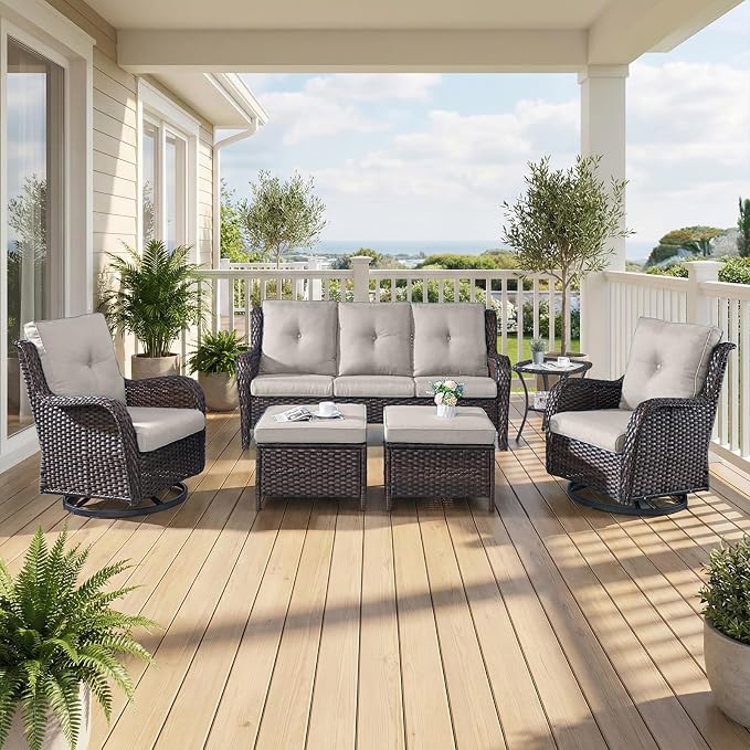 6 Piece Patio Furniture Set with Ottoman - All Weather Patio Conversation Set with 4 Inch Thick Cushions and Deep Seating Swivel Glider Chairs & Outdoor Couch for Porch Deck Yard Pool