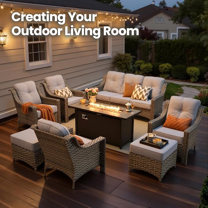8 Piece Patio Furniture Set with Fire Pit Table, All Weather Wicker High Back Sofa Chairs Ottoman with Thick Cushion, Outdoor Conversation Sets for Large Backyard Deck Garden, Grey