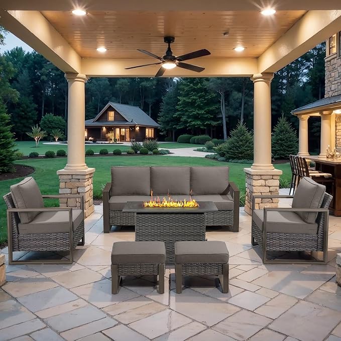 Belord 6 Piece Outdoor Patio Furniture Set with Propane Fire Pit Table, Wicker Patio Conversation Set with2 Patio Wicker Chairs Rattan Sofa and Removable 4" Thick Cushions for Deck Backyard