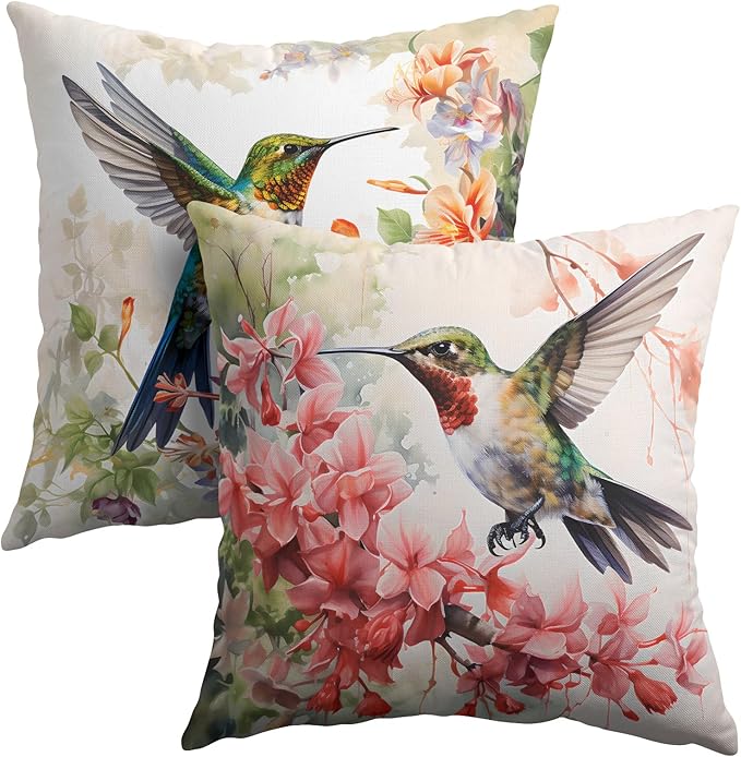 Watercolor Bird Throw Pillow Covers - Spring Hummingbird Outdoor Pillow Covers 20x20 Inch Summer Tropical Flowers Cushion Cases Set of 2 Pillowcase for Patio Furniture Bed, PCYMHumming1L