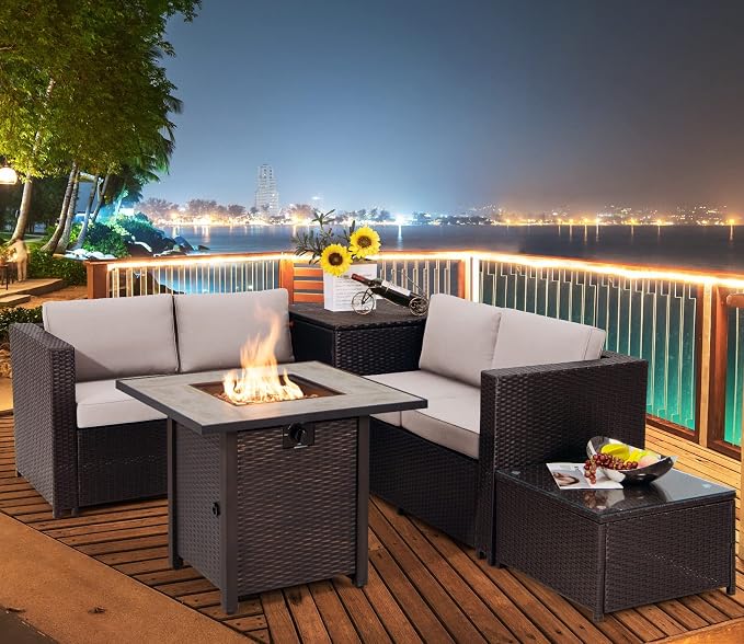 Tangkula 5-Piece Patio Furniture Set with 30 Inches Gas Fire Pit Table, Outdoor Wicker Conversation Sectional Sofa Set with Storage Box and Coffee Table, 50,000 BTU Propane Fire Pit Table (Beige)