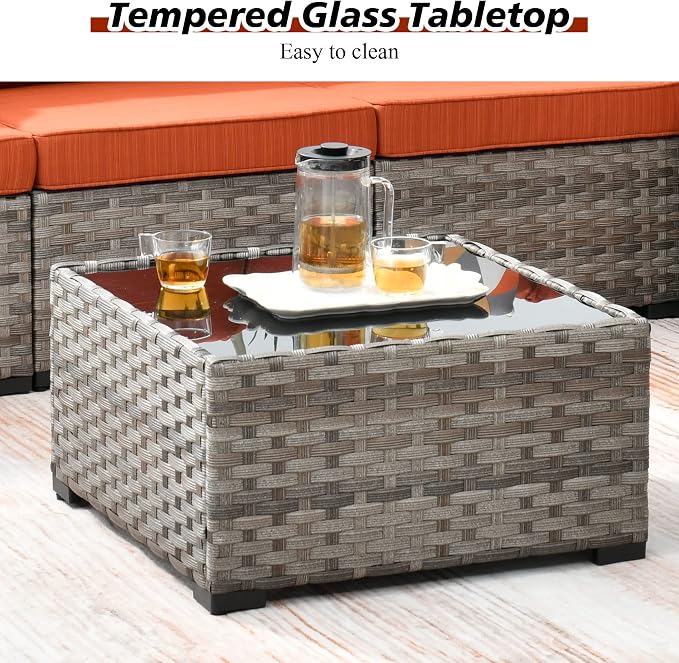 HOOOWOOO Outdoor Patio Sectional Furniture Sofa Set with Widened Armrest,12 Piece Large Modern Wicker Couch,Modular L Shaped Conversation Seating Set with Table for Out Door Garden Corner(Orange Red)
