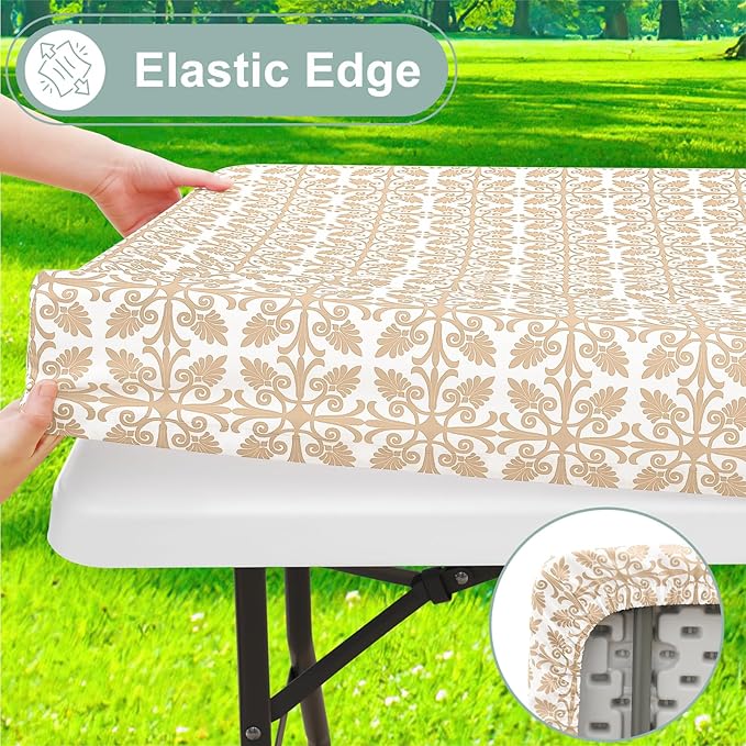 misaya Picnic Table Cover with Bench Cover, Waterproof Elastic Fitted Tablecloth for 6 Foot Tables, Rectangle Washable Polyester Tablecloths for Picnic, Camping, Outdoor (Khaki, 30" x 72")