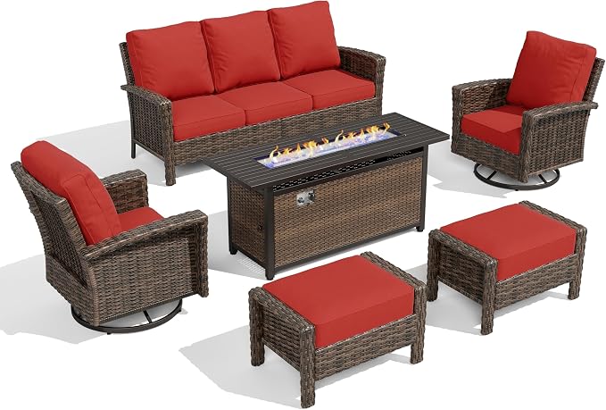 HERA'S HOUSE Red Patio Furniture Set, 6-Piece Outdoor Seating Conversation Sets with High Back Wicker Sofa, Swivel Chairs with 5.5" Thick Cushions, Fire Pit Table & Ottomans for Deck Yard Garden