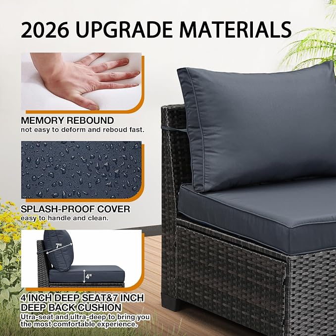 JOYURE 6 Pieces Patio Furniture Set All-Weather Outdoor Wicker Sectional Conversation Sofa Rattan Patio Seating Sofa with Cushion and Glass Table for Porch Poolside,Grey